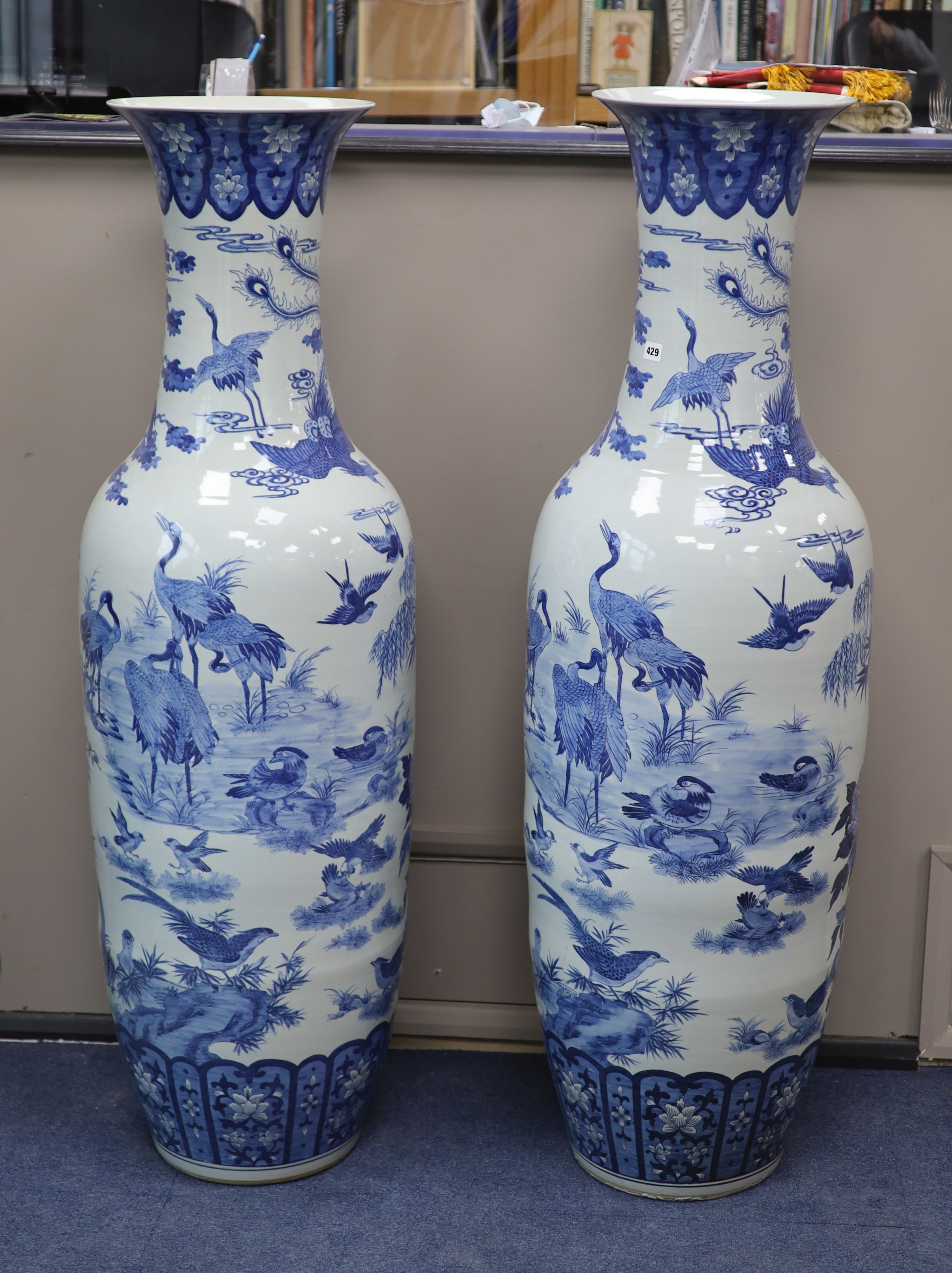 A pair of large Chinese blue and white floor vases, height 148cm